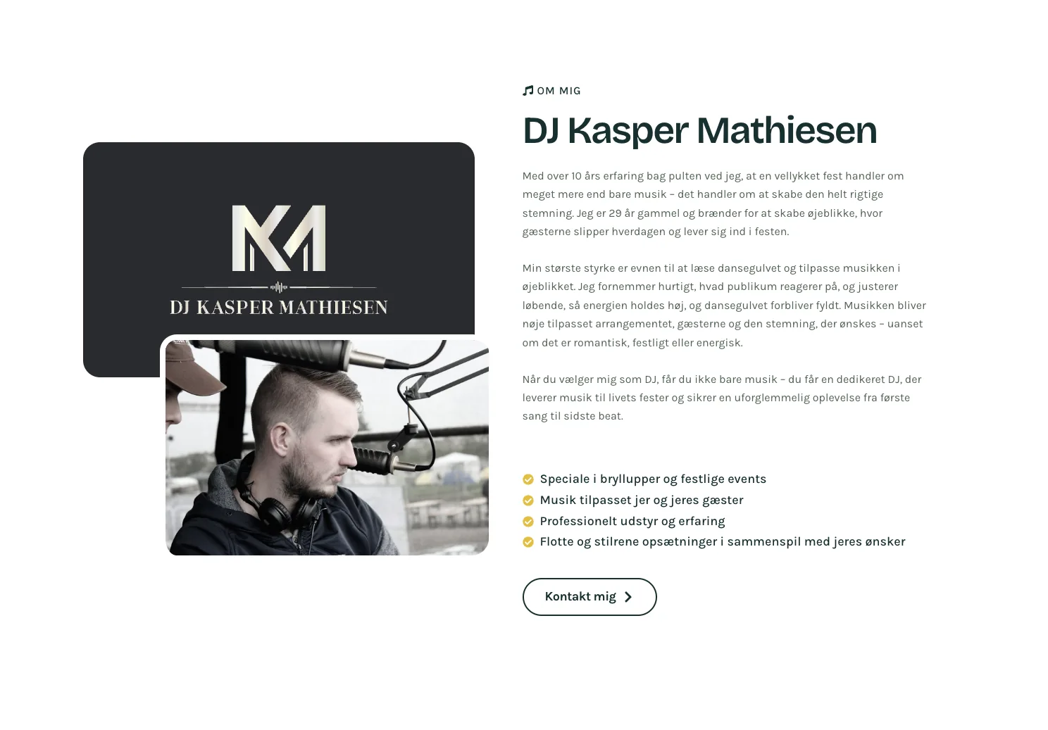 Skærmbillede af Om mig-sektionen på DJ Kasper Mathiesens hjemmeside