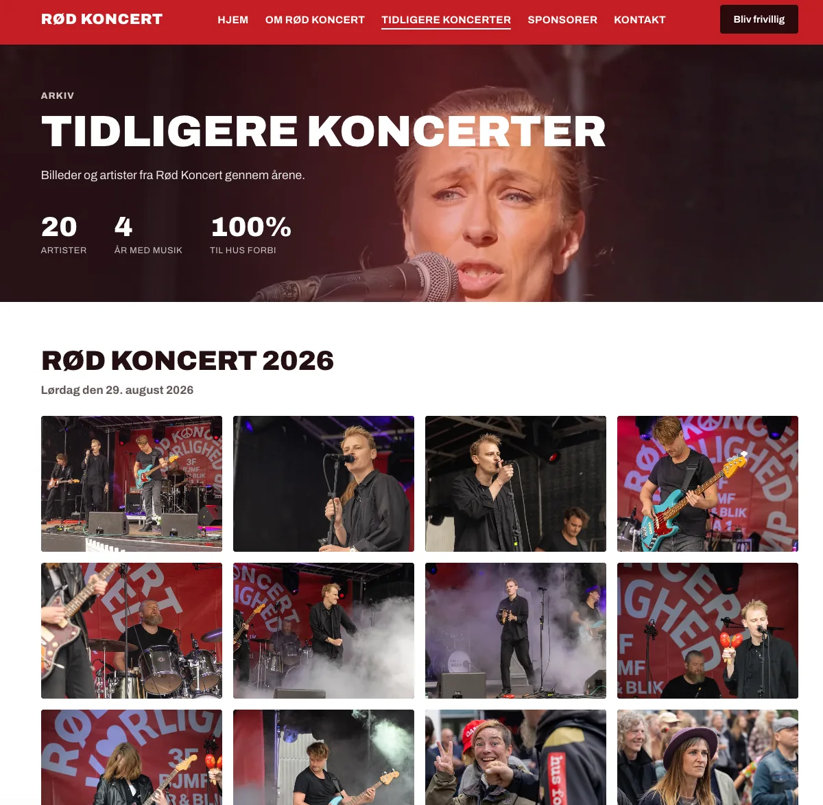 Skærmbillede af Rød Koncerts side med tidligere koncerter og billedgalleri