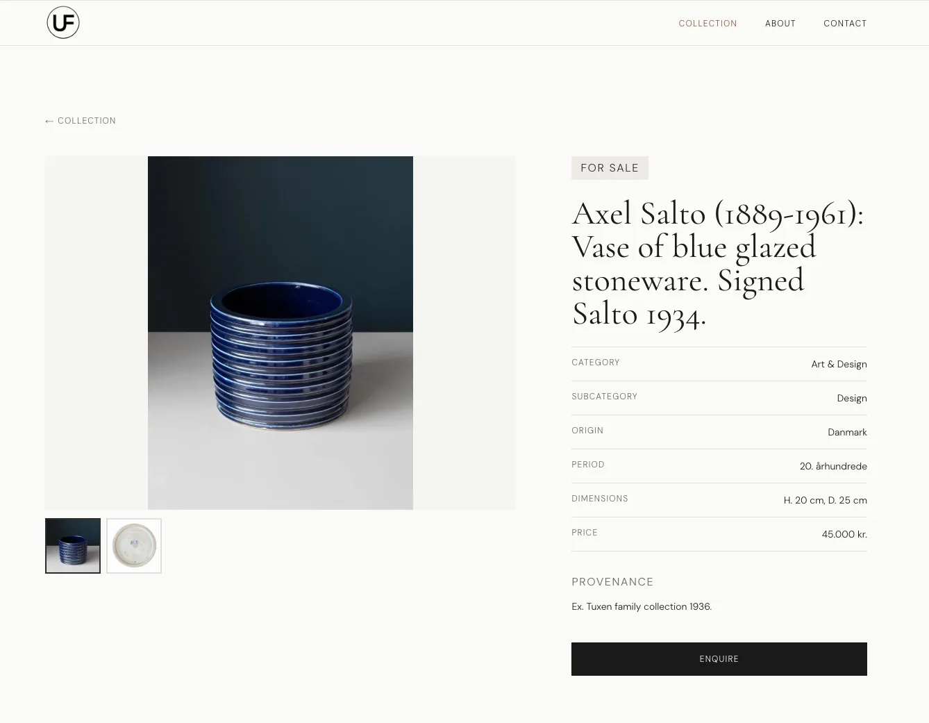 Produktside med Axel Salto-vase på Kunsthandel Utzon-Franks hjemmeside