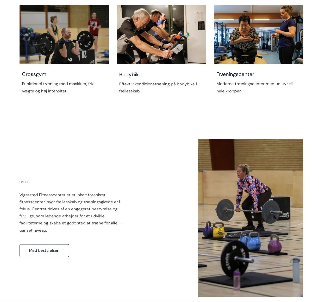 Skærmbillede af Vigersted Fitness med træningstilbud og præsentation af centeret